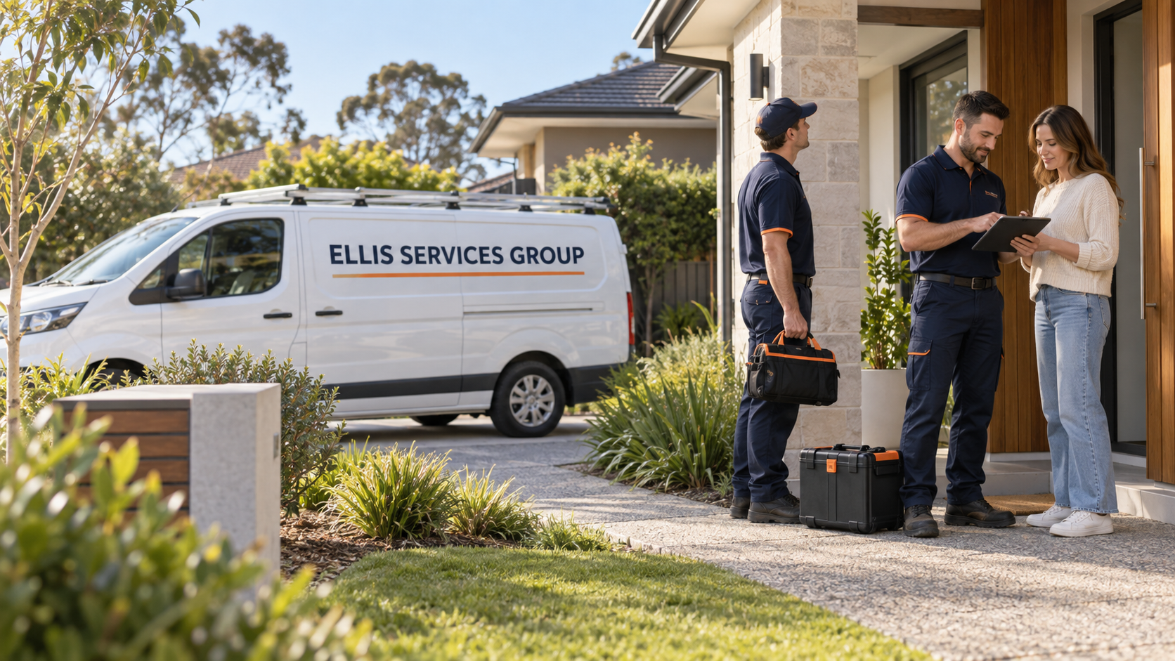 A homeowner speaking with two property service workers at a house entrance
