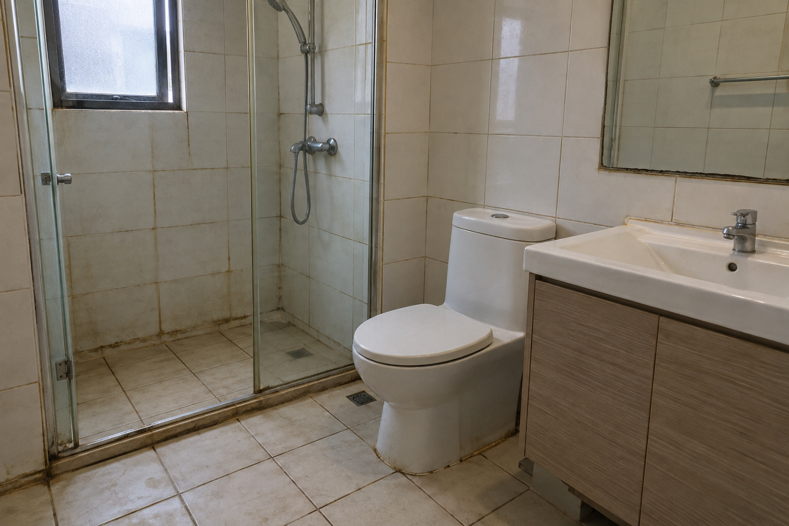 Bathroom shower area before repair