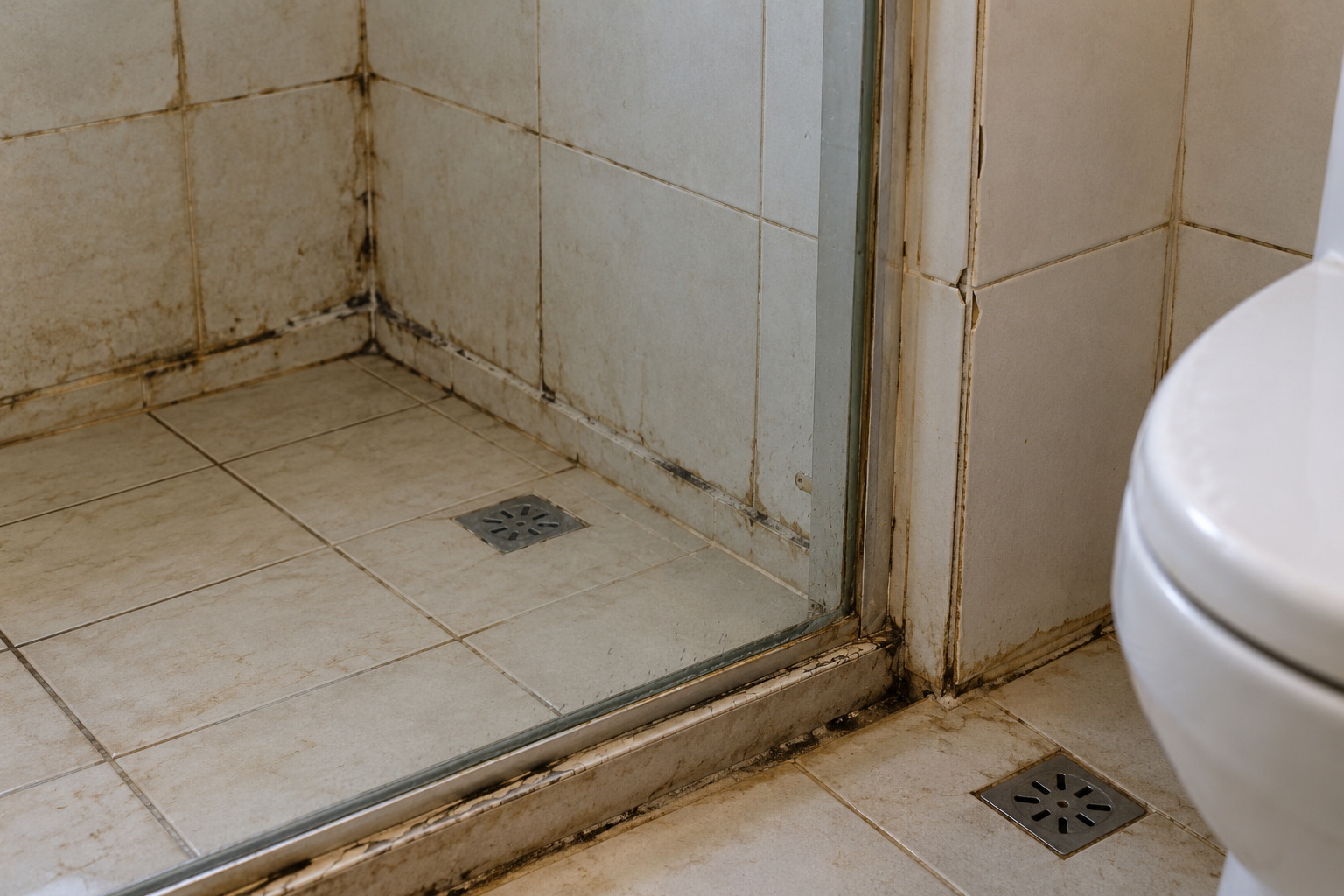 Worn grout and sealant around a shower screen and bathroom tiles