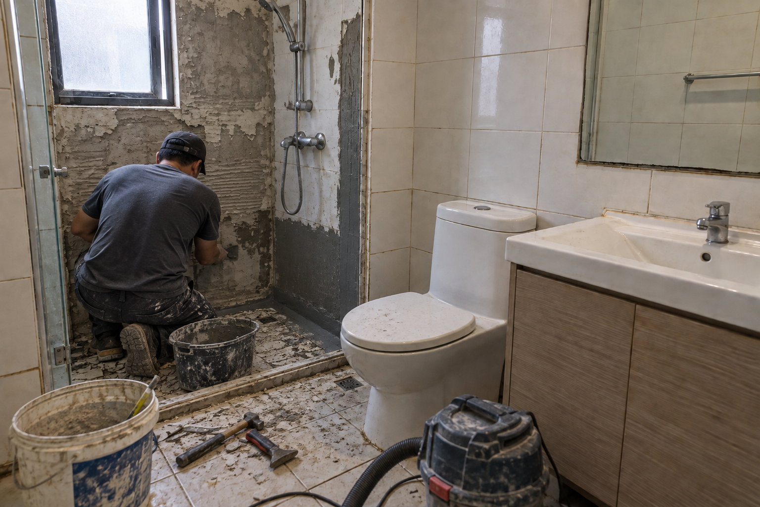 Worker carrying out bathroom shower area repair