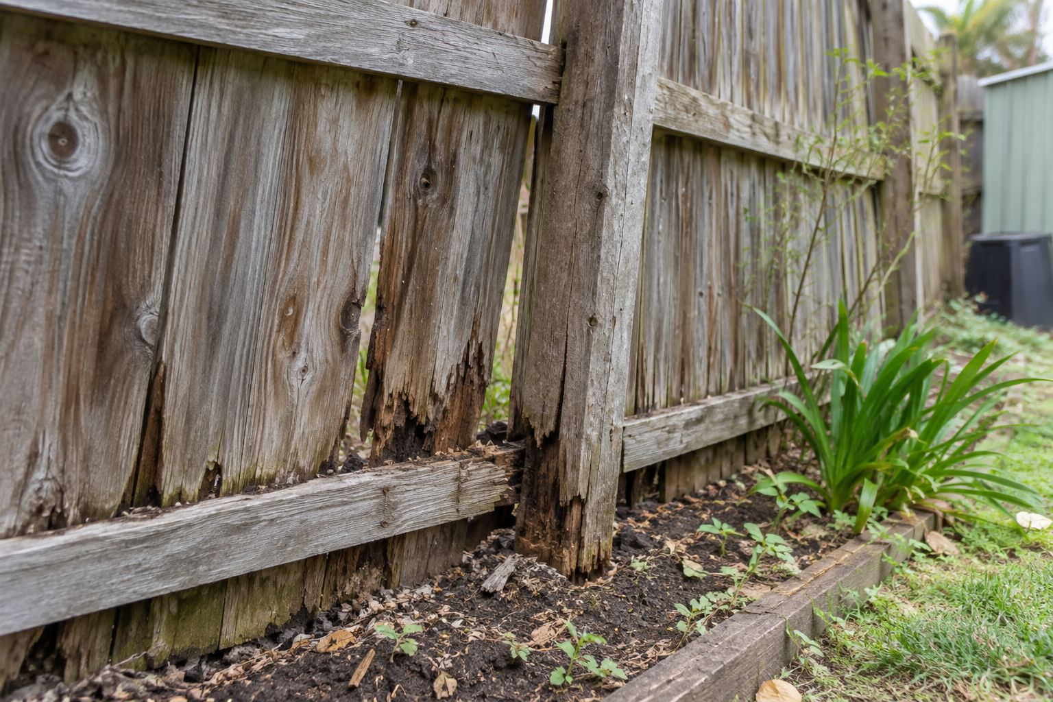 Torn timber fence mesh detail