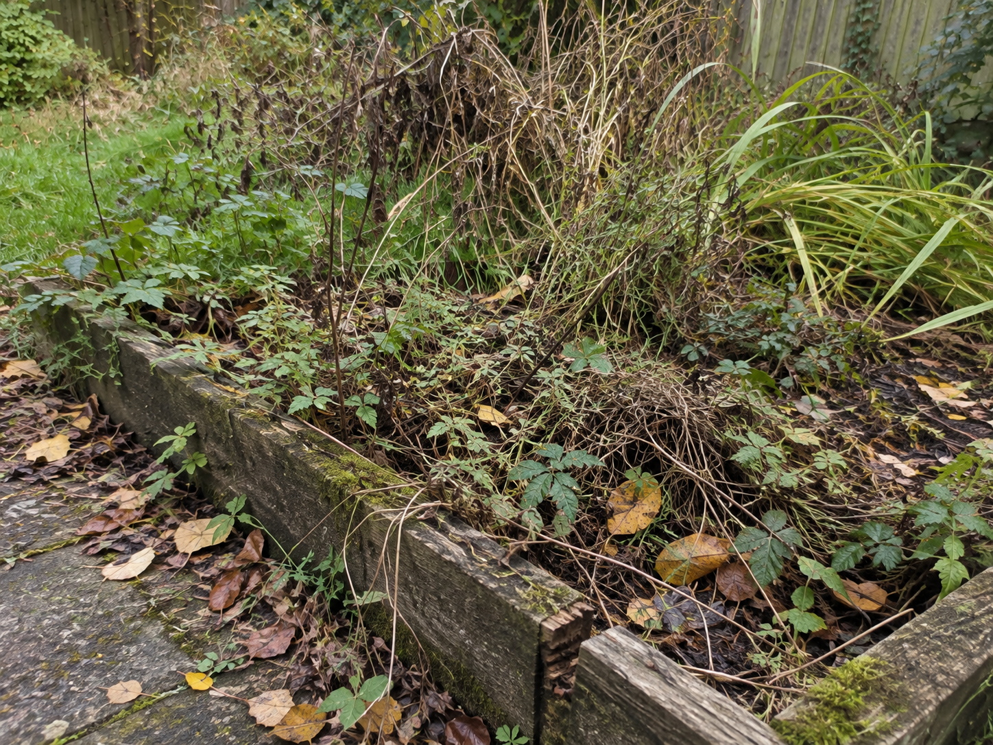Overgrown garden bed and edging detail before clean-up