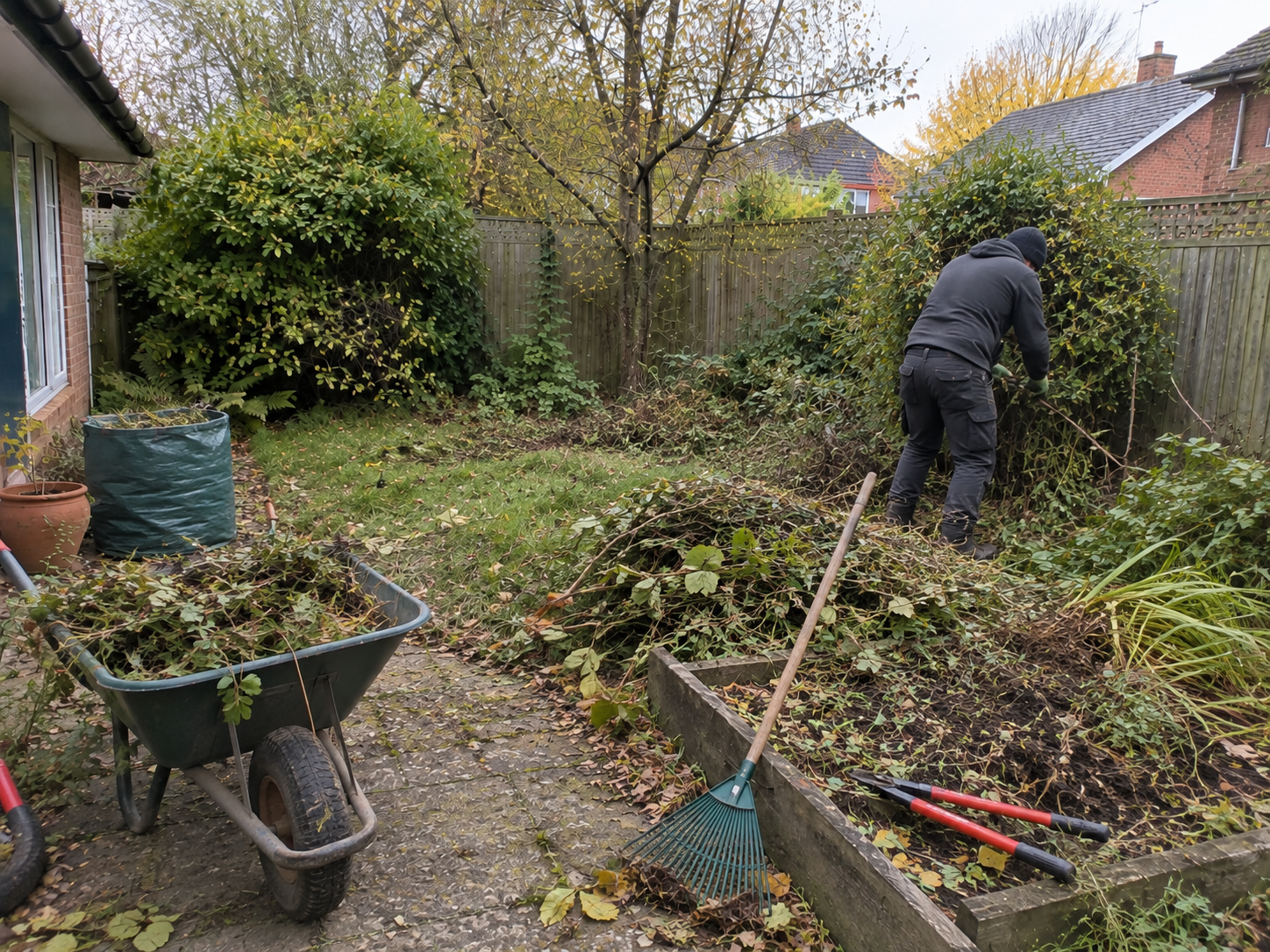 Garden clean-up work in progress with pruned green waste