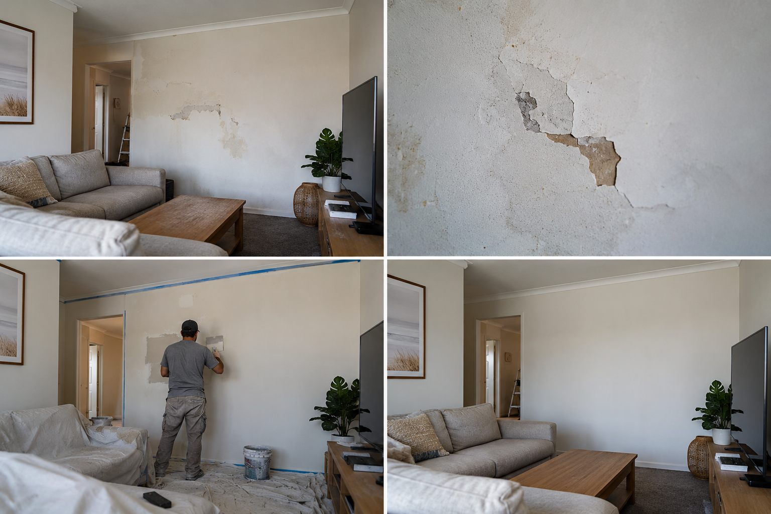 Interior living room wall before repair and painting