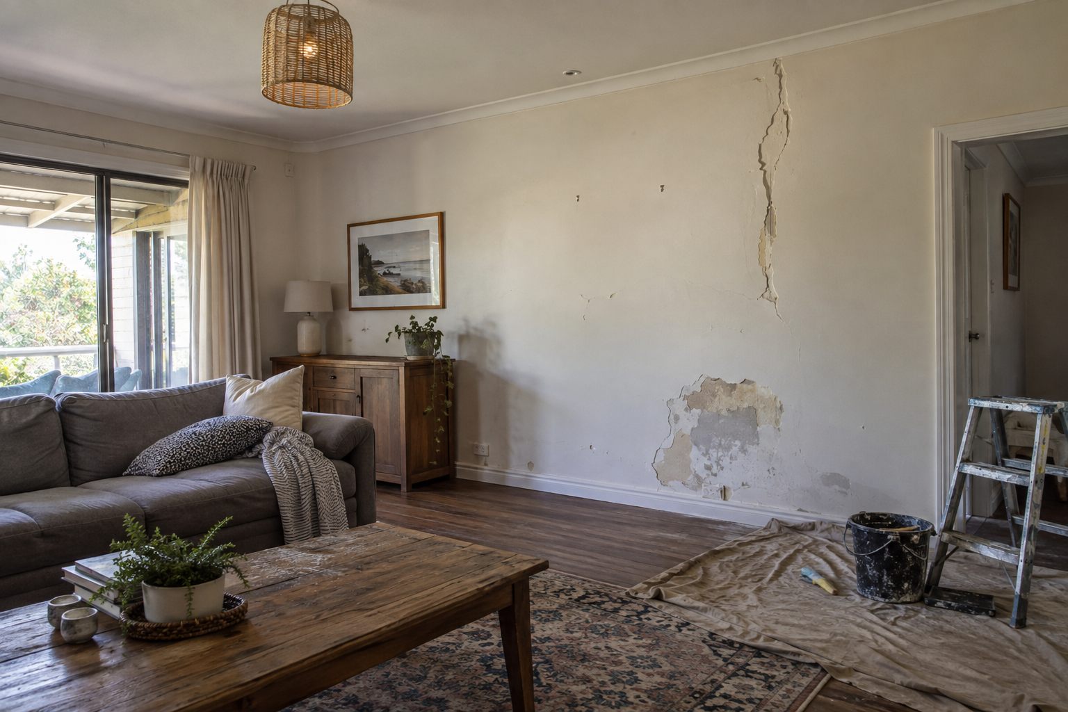Interior wall repair preparation in progress