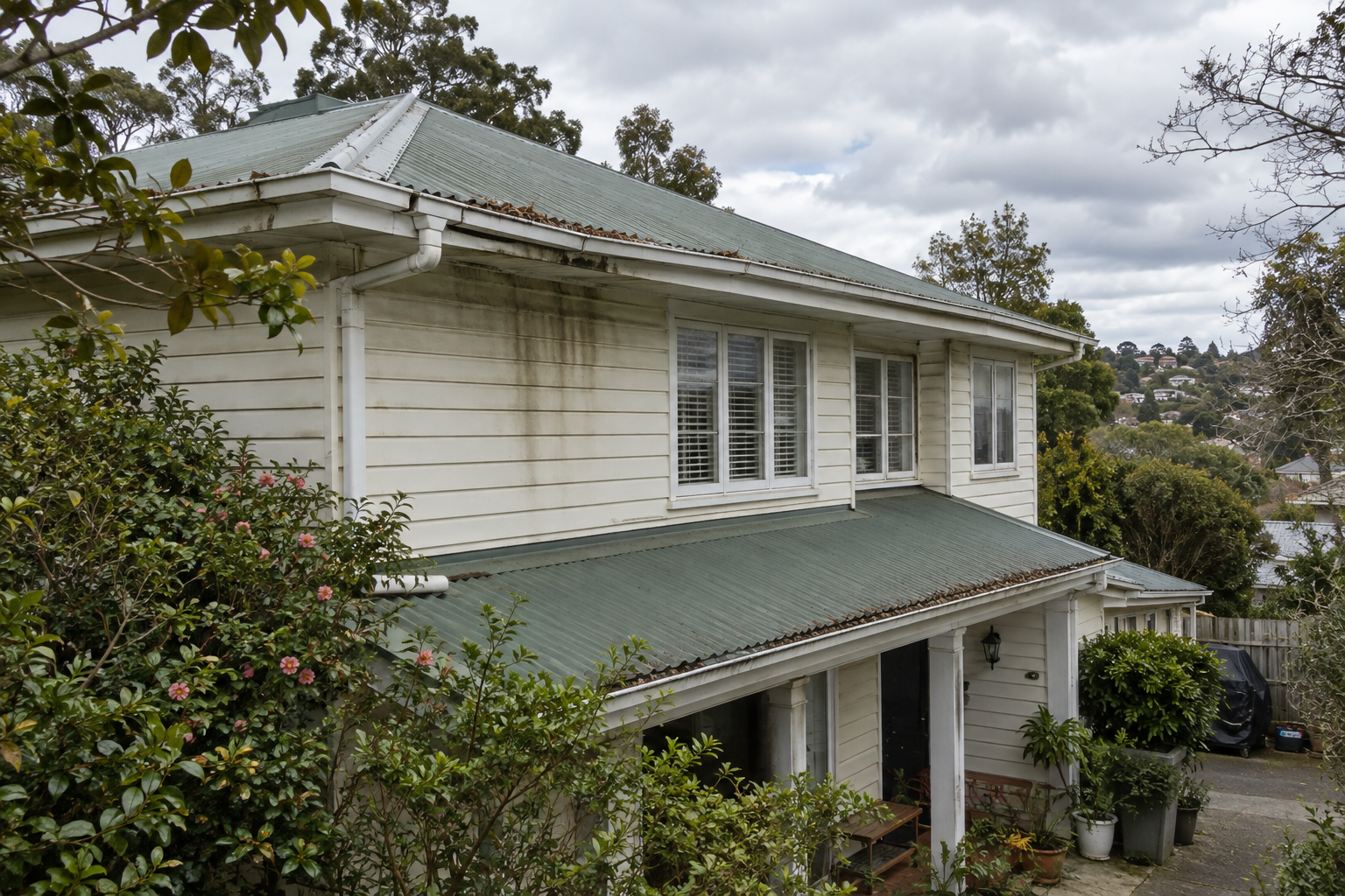 Residential roofline and gutter before exterior maintenance