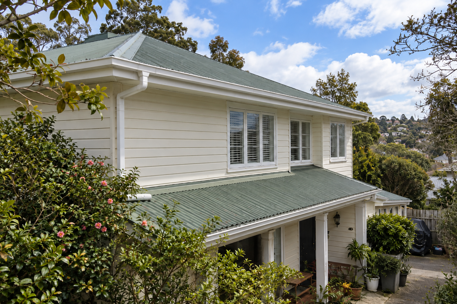 Completed residential roofline and gutter exterior