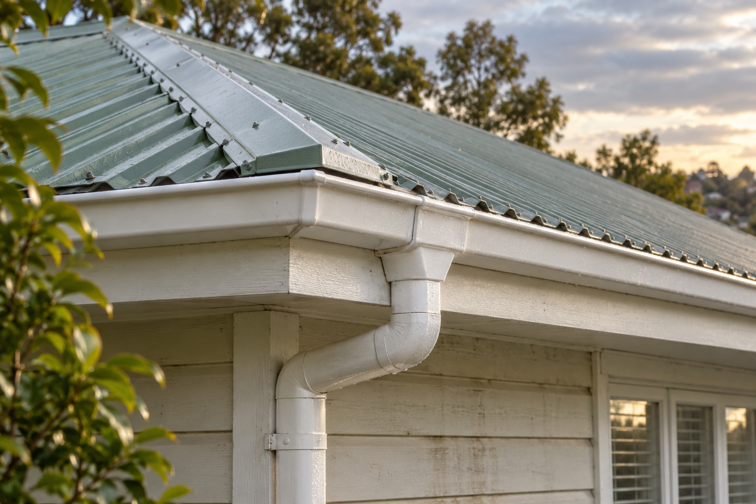 Completed gutter and downpipe detail at a roof corner