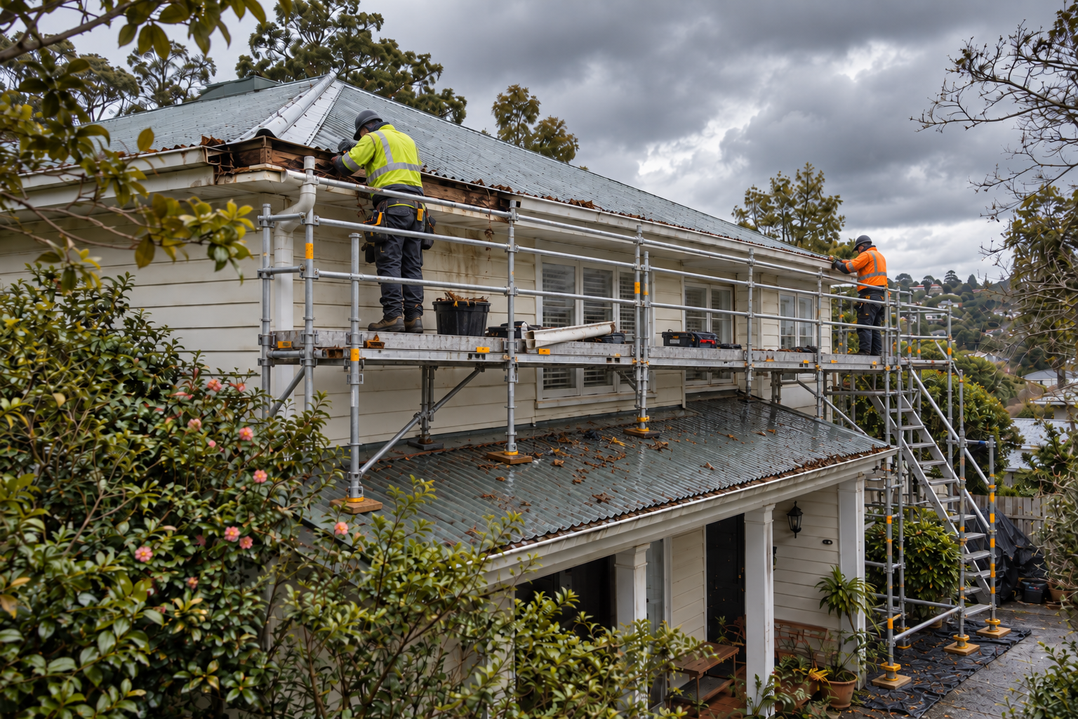 Workers carrying out roofline and gutter maintenance from scaffold access