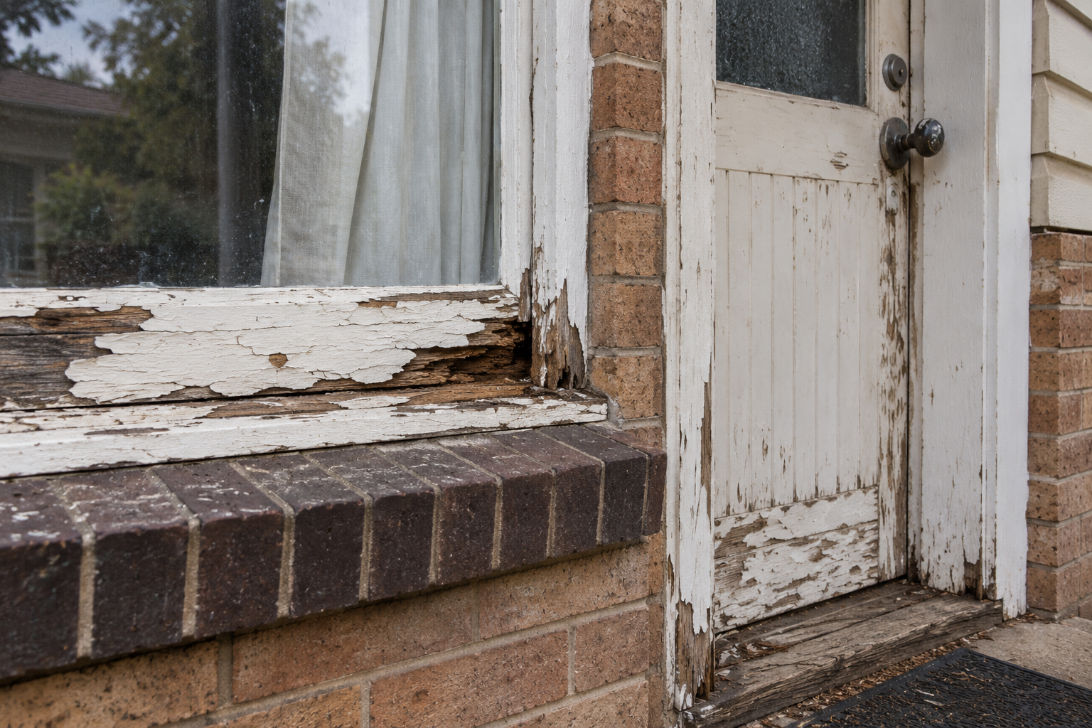 Deteriorated paint and timber around a residential window and door