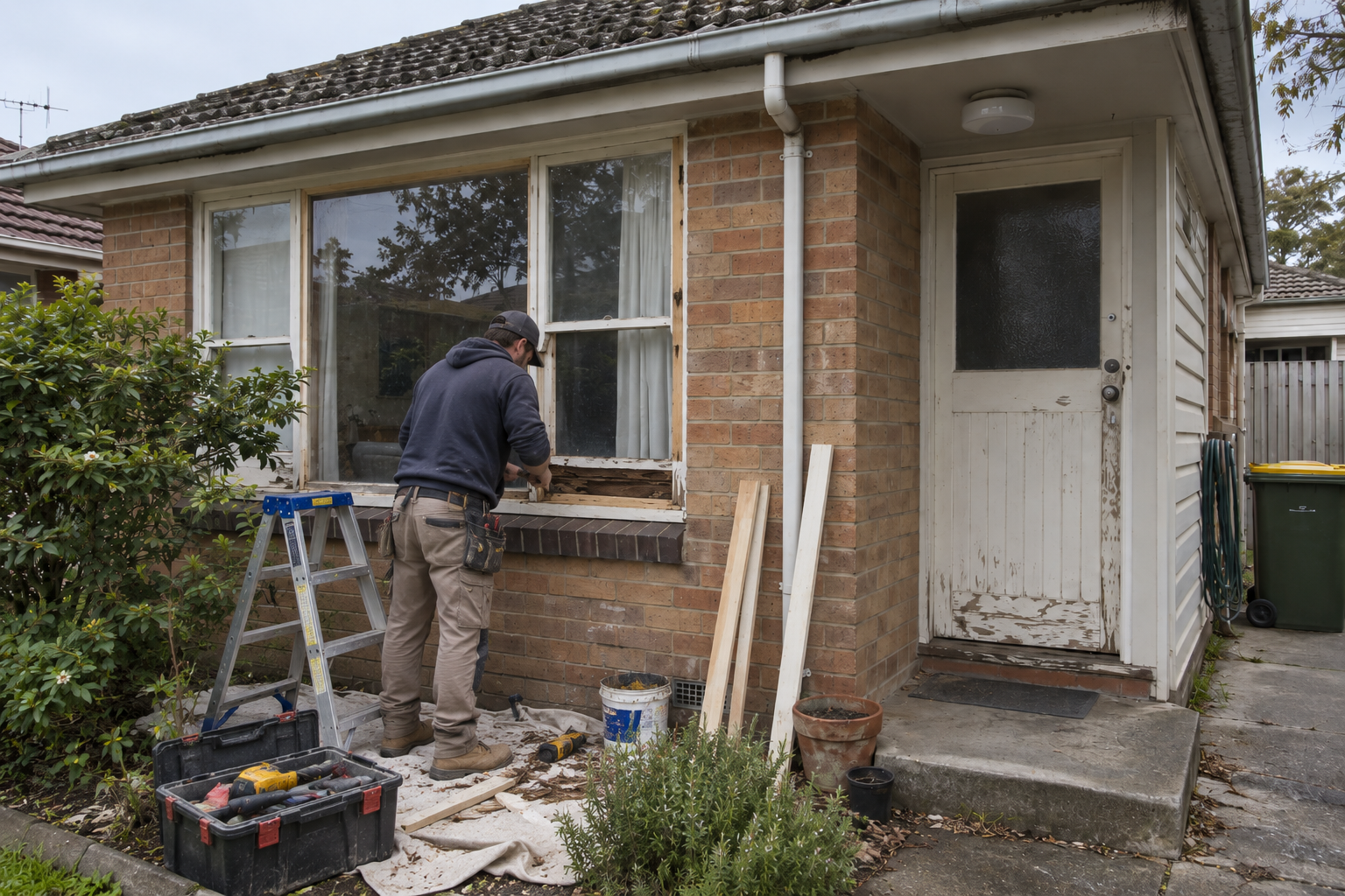 Worker repairing exterior timber beneath a residential window
